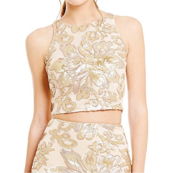 BADGLEY MISCHKA Gold Sheer Crop Top Blouse‎ Sleeveless Christmas Holiday Party - Picture 4 of 14